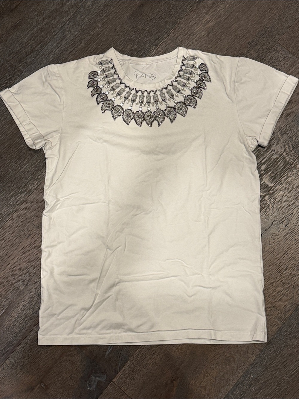 Katta White Short Sleeve Tee with Black Silver Neck Embellishment